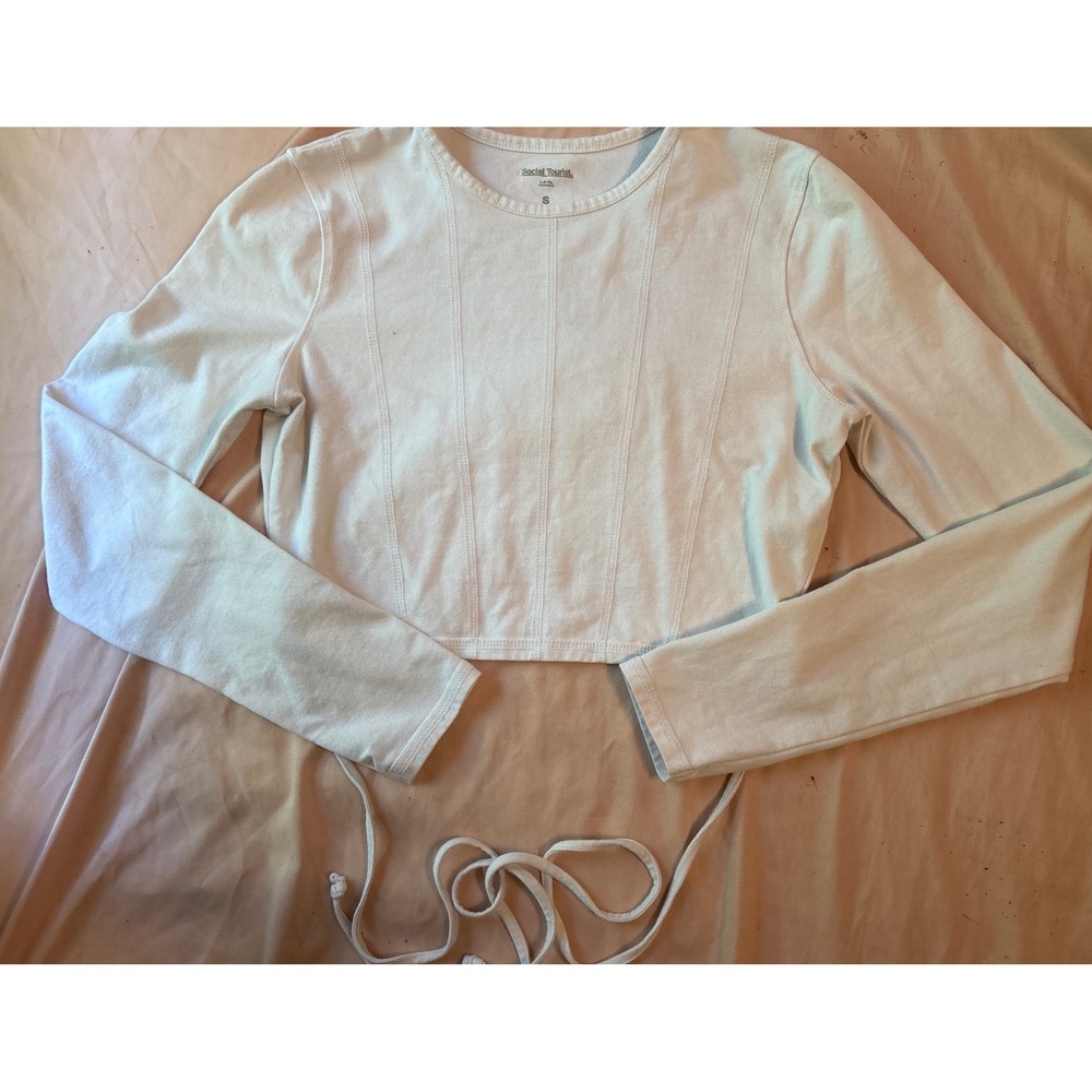 Social Tourist White Longsleeve Wraparaound Tie Stretch Crop Top, Small